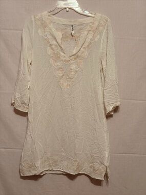 Light Cream Embroidered V-Neck Women's Tunic Top